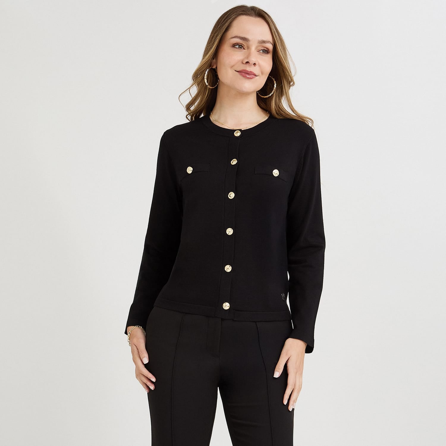 Cardigan Escote Redondo con Bolsillos Falsos Negro